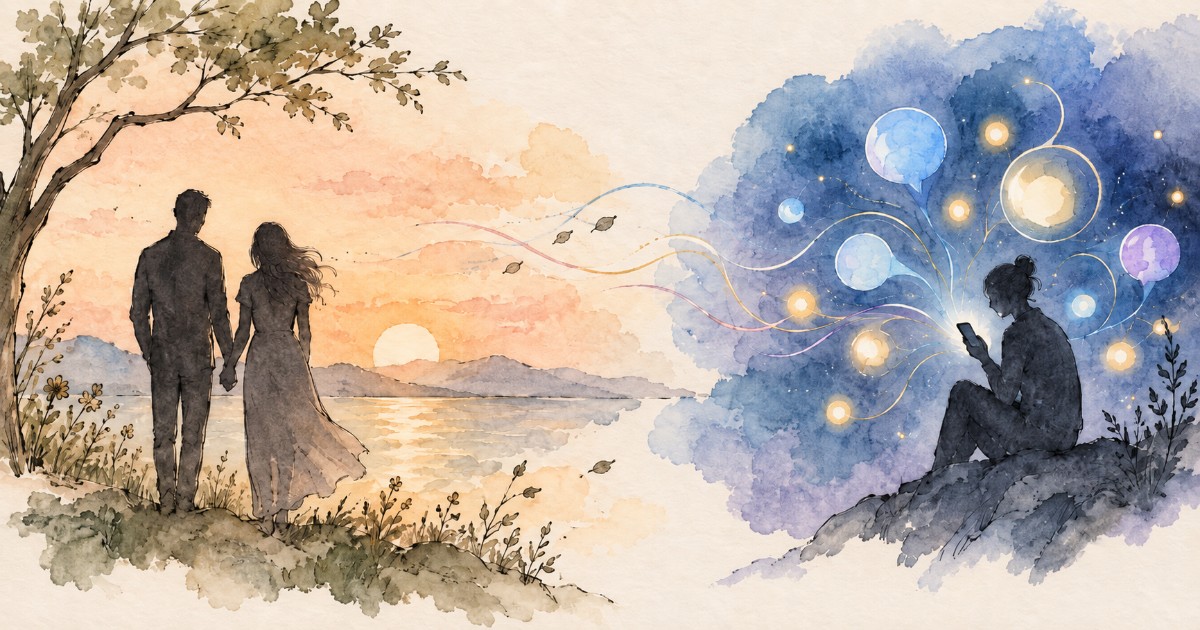 Силует пари на заході сонця поруч із самотньою постаттю зі смартфоном і символами розмови